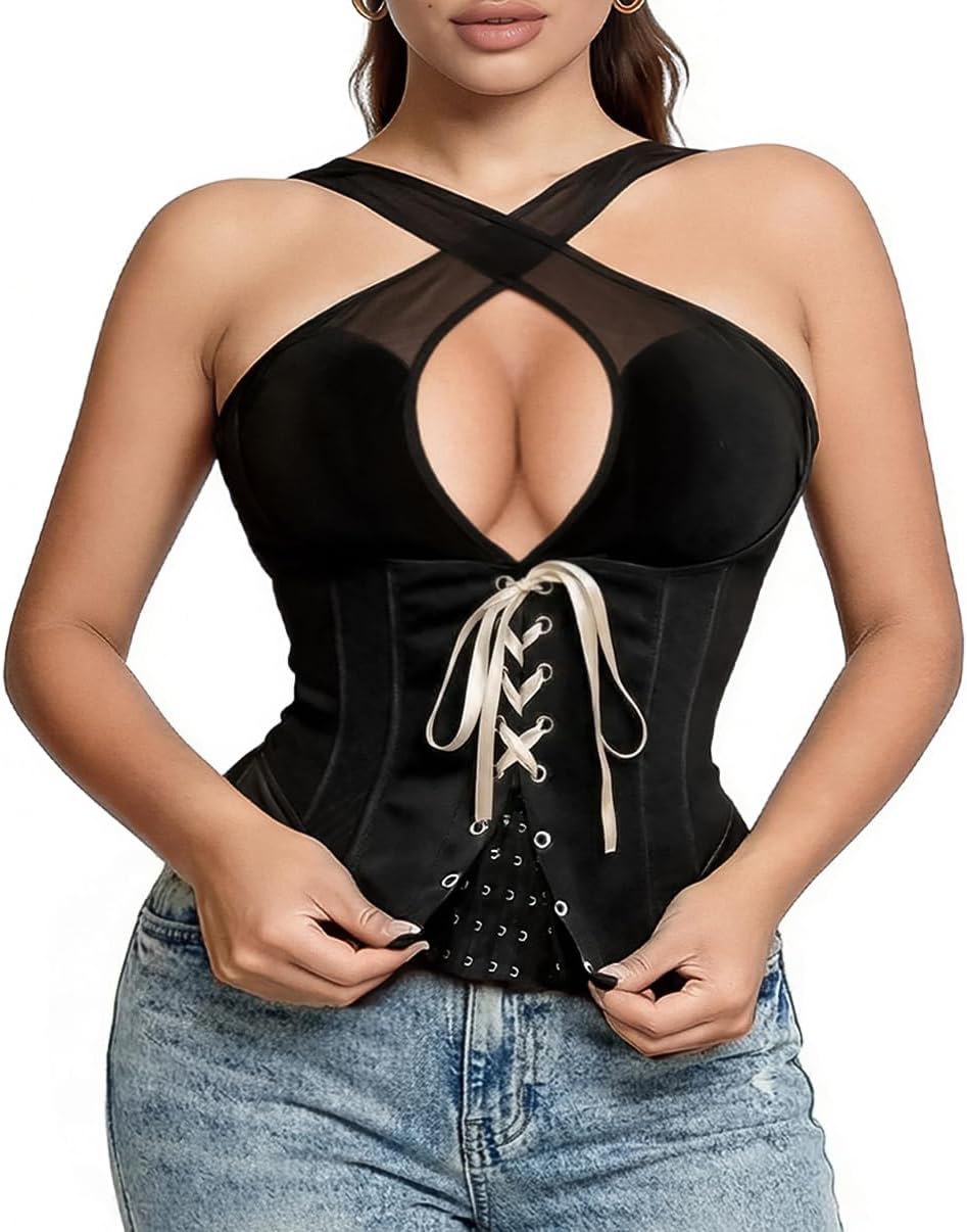 Shapewear Bodysuit with Tummy Control for Women, Deep V Neck Corset Body Shaper Waist Cincher Top