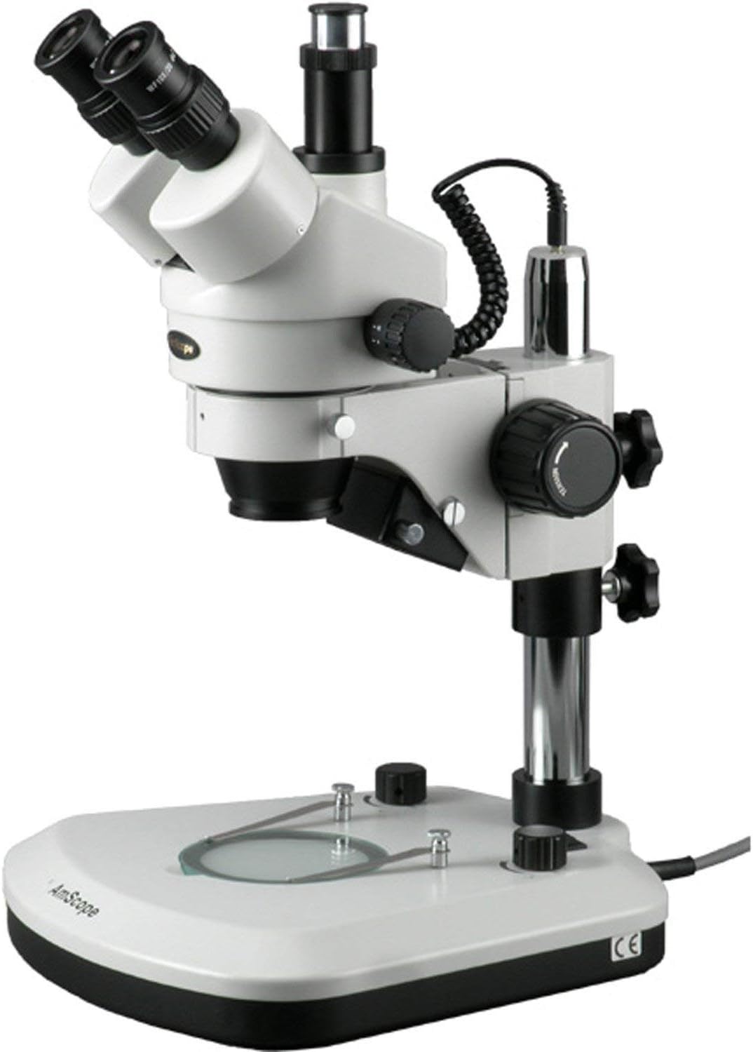 SM-1T-PL Professional Trinocular Stereo Zoom Microscope, WH10x Eyepieces, 7X-45X Magnification, 0.7X-4.5X Zoom Objective, Upper and Lower LED Lighting, Pillar Stand, 110V-120V