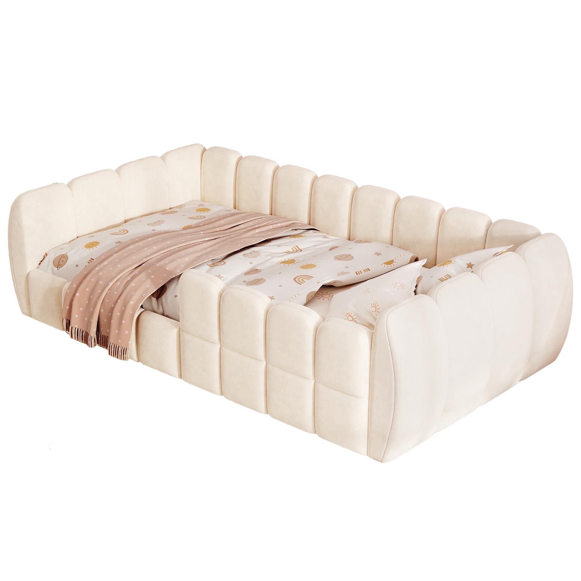 Gepolstertes Kinder-Bodenbett, Samtbezug, komplett geschlossenes Design, abgerundete Ecken, geeignet für Kinder-, Kleinkind- und Jugendzimmer (Beige, 90 x 200 cm)