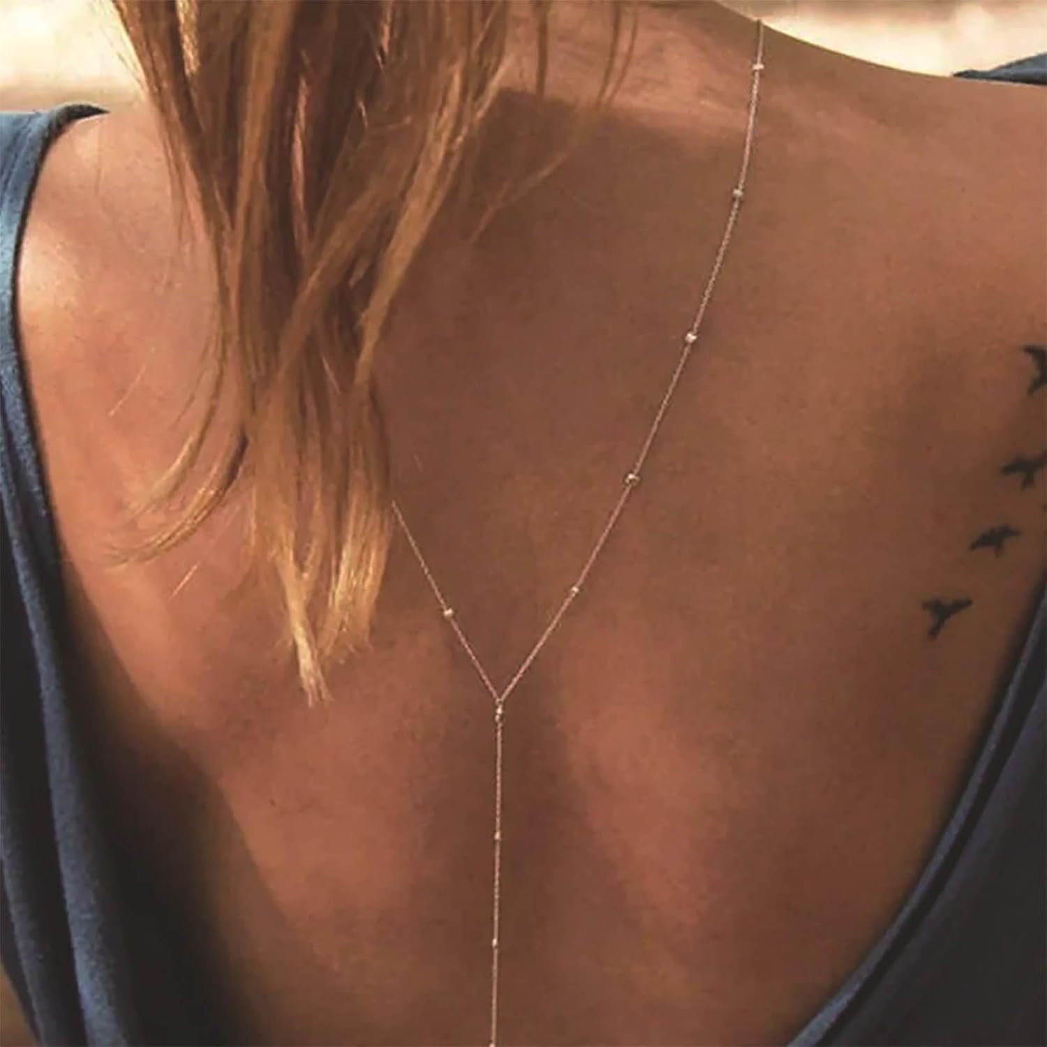 Vintage Gold Bead Back Chain Necklace Ball Chain Y Back Necklace Minimalist Y Back Necklaces Long Y Lariat Necklaces Wedding Bridal Body Chains Summer Beach Backless Dress Jewelry for Women - Image 5