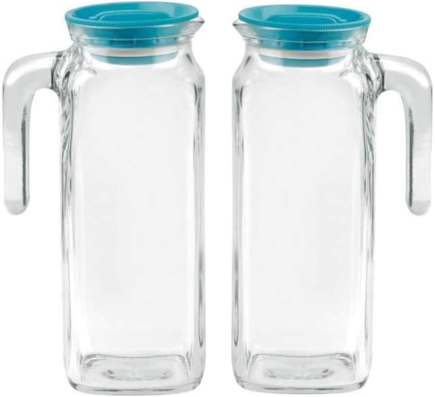 Bormioli Rocco Frigoverre Classic Jug Set of 2-33.75 oz Glass Beverage Pitchers with Teal Locking Lids for Juice, Milk, Iced Tea & Infused Water - Versatile Kitchen Drinkware, Made in Italy