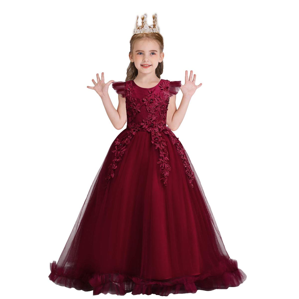 WOCINL Flower Girls Lace Appliques Wedding Dress Princess First Communion Long Tulle Birthday Pageant Party Dance Ball Gown Burgundy 5-6 Years