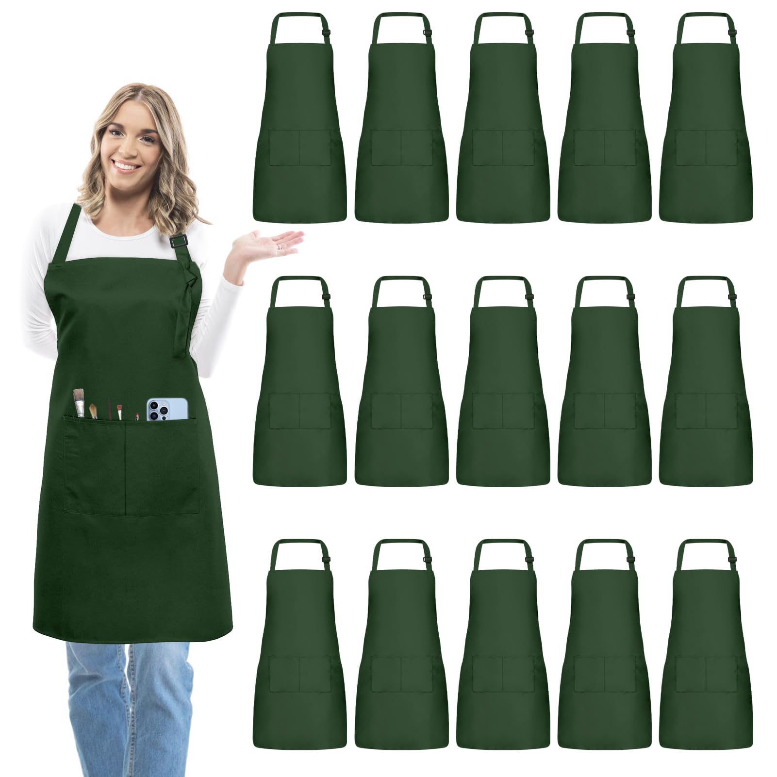 15 grembiuli per adulti, con tasche, regolabile, per donne e uomini, per pittura, cucina, artigianato (verde oliva, L)