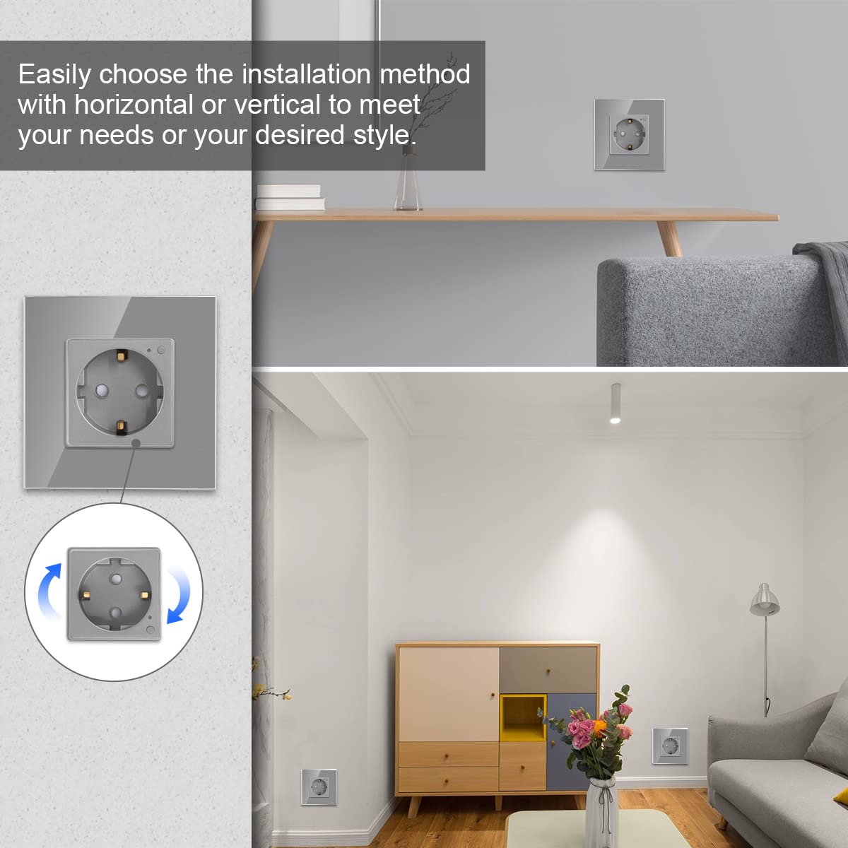 CNBINGO WLAN Schuko Socket Flush, 16 Amp en verre Smart Socket compatible avec Amazon Alexa (Echo, Echo Dot), Google Home, Contrôle de l'application, seulement 2,4 GHz WiFi, 1 voies, Gris, 2 pièce