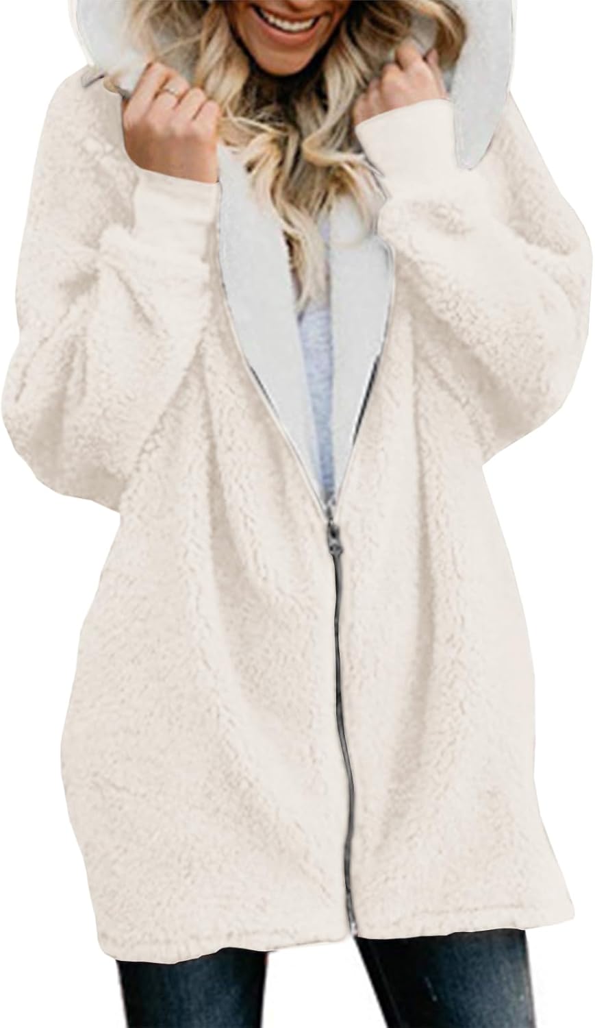 Yanekop Womens Oversized Sherpa Jacket Fuzzy Fleece Zip Up Jacket Warm Winter Coats Faux Fur Coat with Pockets - Image 2