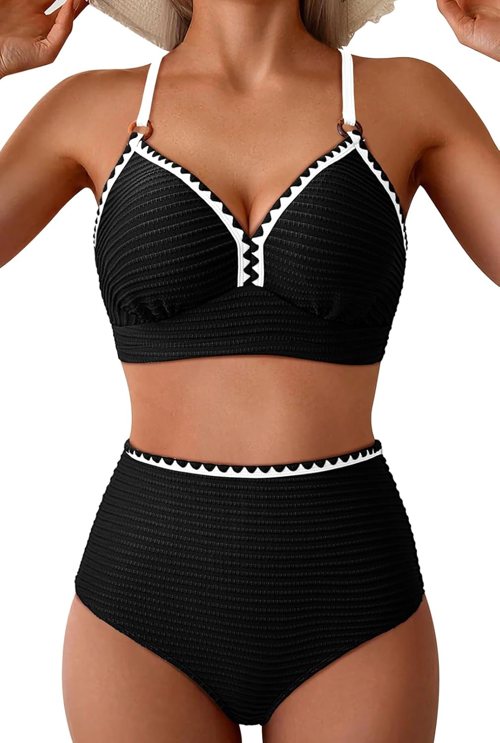 Pink Queen 2026 Women's High Waisted Bikini Sets V Neck Two Piece Swimsuit Color Block High Cut Bathing Suits