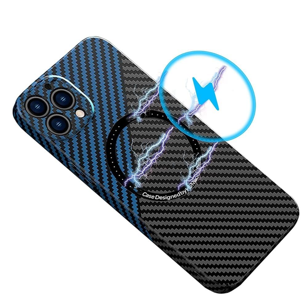 Magnetic Case for iPhone 15 Pro Max Compatible with, Ultra Thin Slim Shockproof Carbon Fiber Texture Plastic Hard Back Phone Case Cover (iPhone 15 Pro Max, Black Blue)
