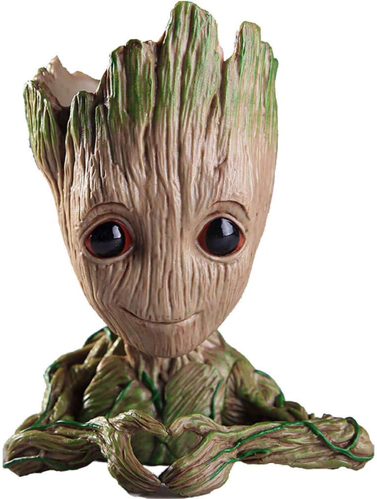 Unique Shape Marvel Avengers Infinity War Pot Baby Groot Wooden Look Tree Flowerpot Pen Heart Design Container Toy (Multi)