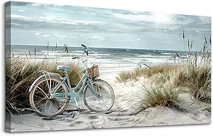 FUHAIHUA Large Wall Decor For Living Room Canvas Wall Art For Bedroom Modern Office Decoration Blue Beach Bicycle Seascape Painting Ocean Landscape Wall Pictures Artwork Home Decor Posters 24"X48"