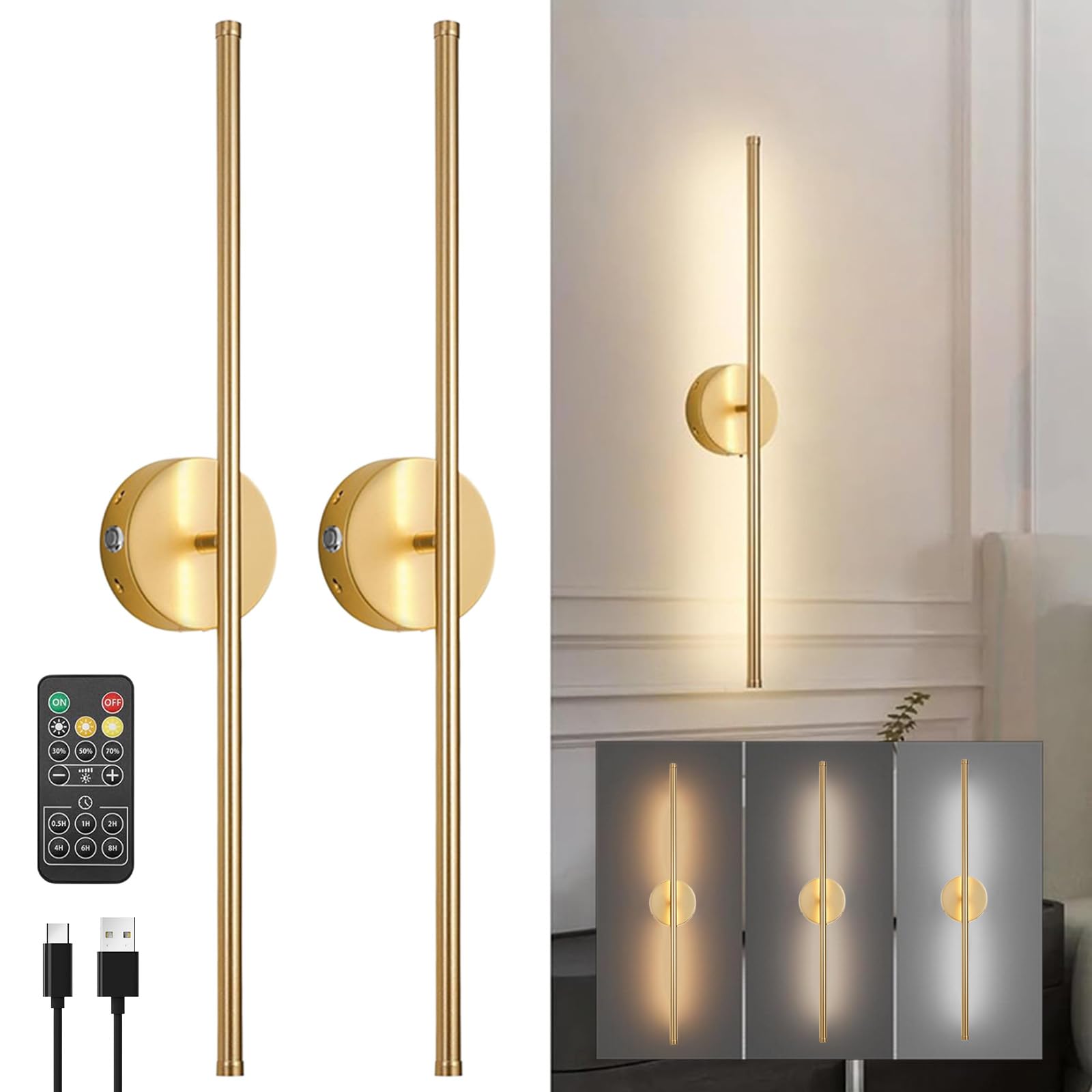 USB Wandleuchte Mit Akku - Dimmbare LED Leselampe Mit Fernbedienung, 350° Drehbar