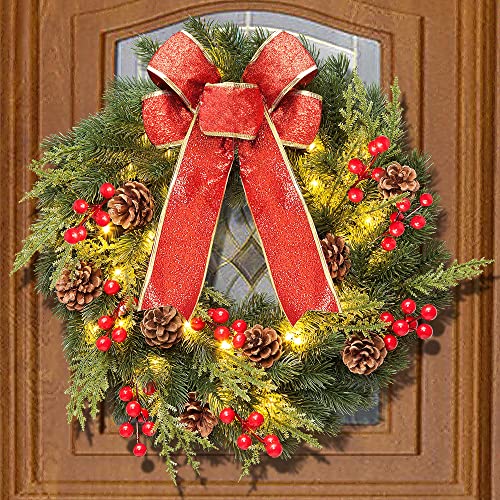 Kurala Christmas Wreath 16 Inches, With Metal Hanger, Pre-Lit Artificial Christmas Front Door Wreath Battery Operated With 40 Led Lights Christmas Decorations #TOP2