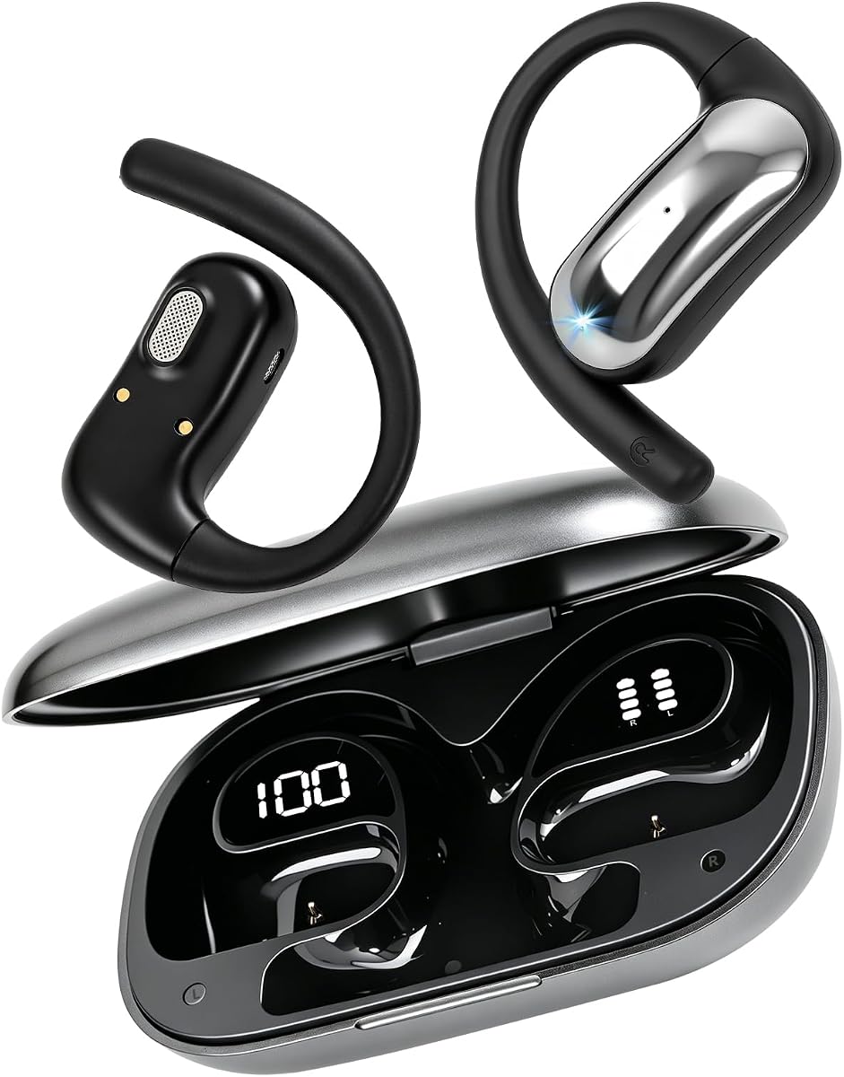 Open Ear Headphones Wireless Bluetooth 6.1,Open Ear Earbuds with Ergonomic Earhooks, 40H Playtime Sports Wireless Earbuds, IPX6 Waterproof, Headphones for Running,Cycling, Black