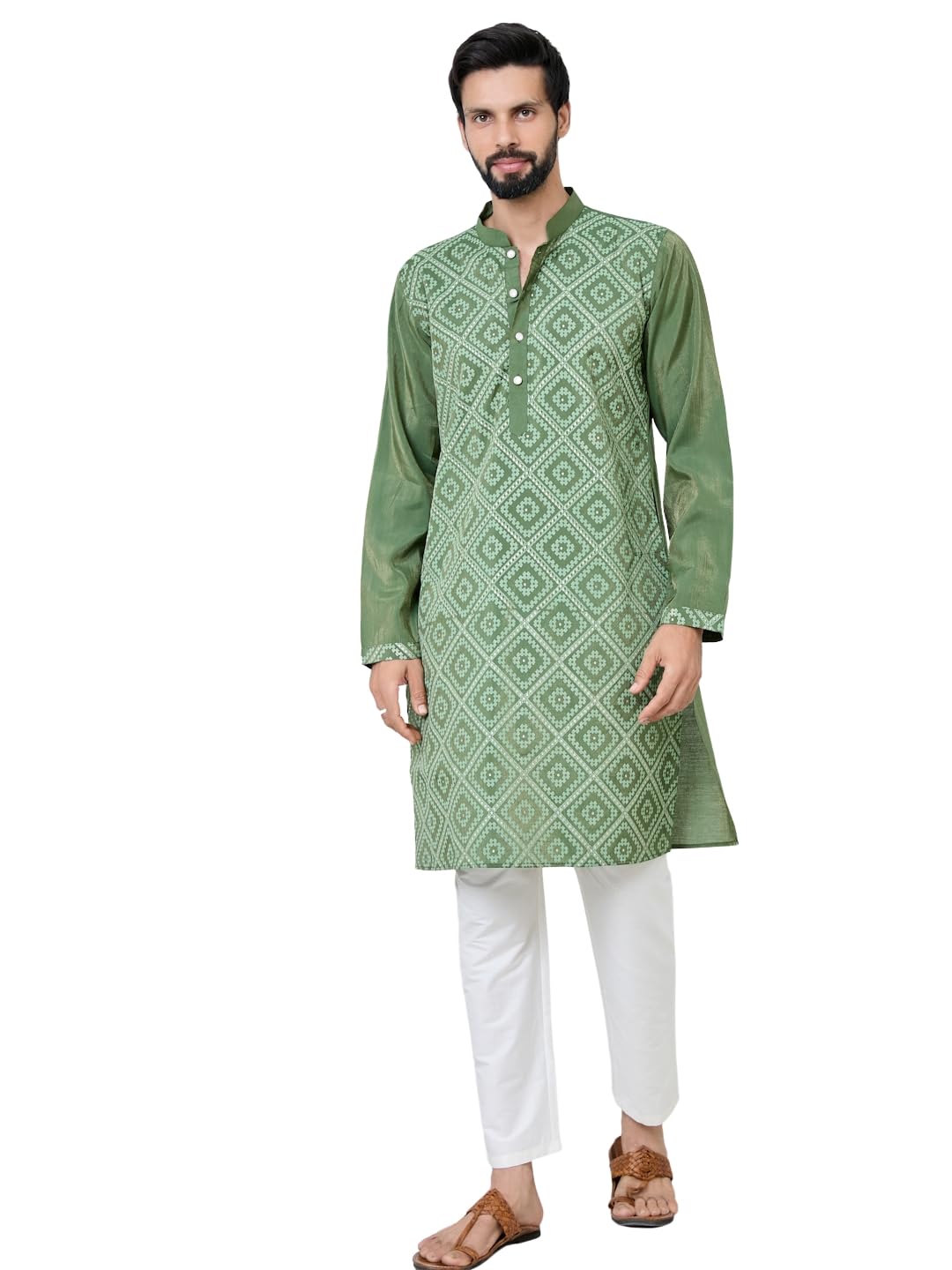 see designs Men's Full Sleeve Mandarin Collar Embossed Printed Cotton Chanderi Straight Long Kurta with Pyjama - Festive Collection-picture-33