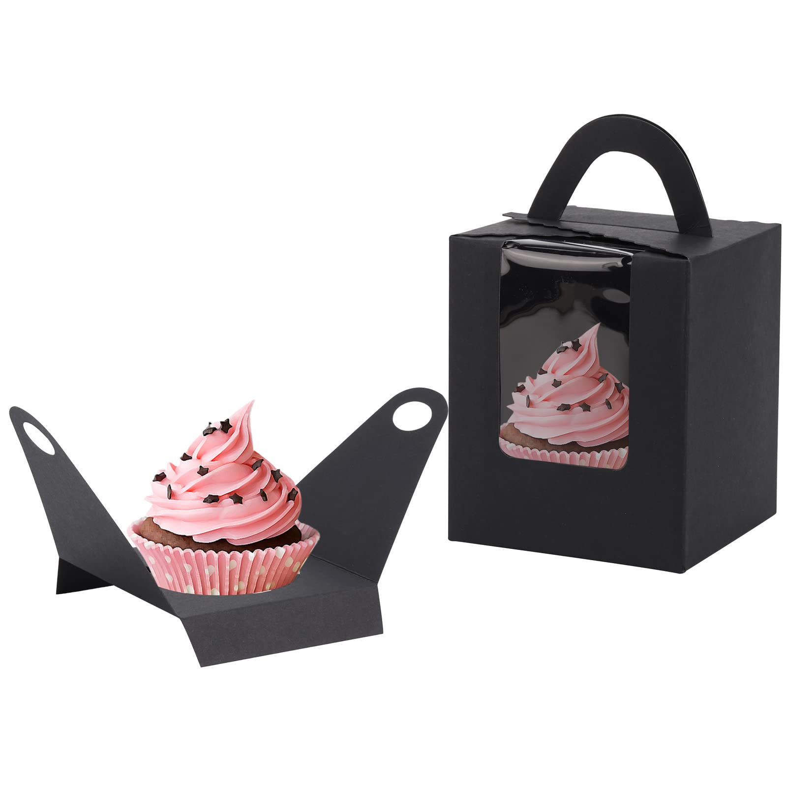 100 cajas de magdalenas negras con ventana individual individual con asa e insertos para bodas, fiestas de cumpleaños, regalos