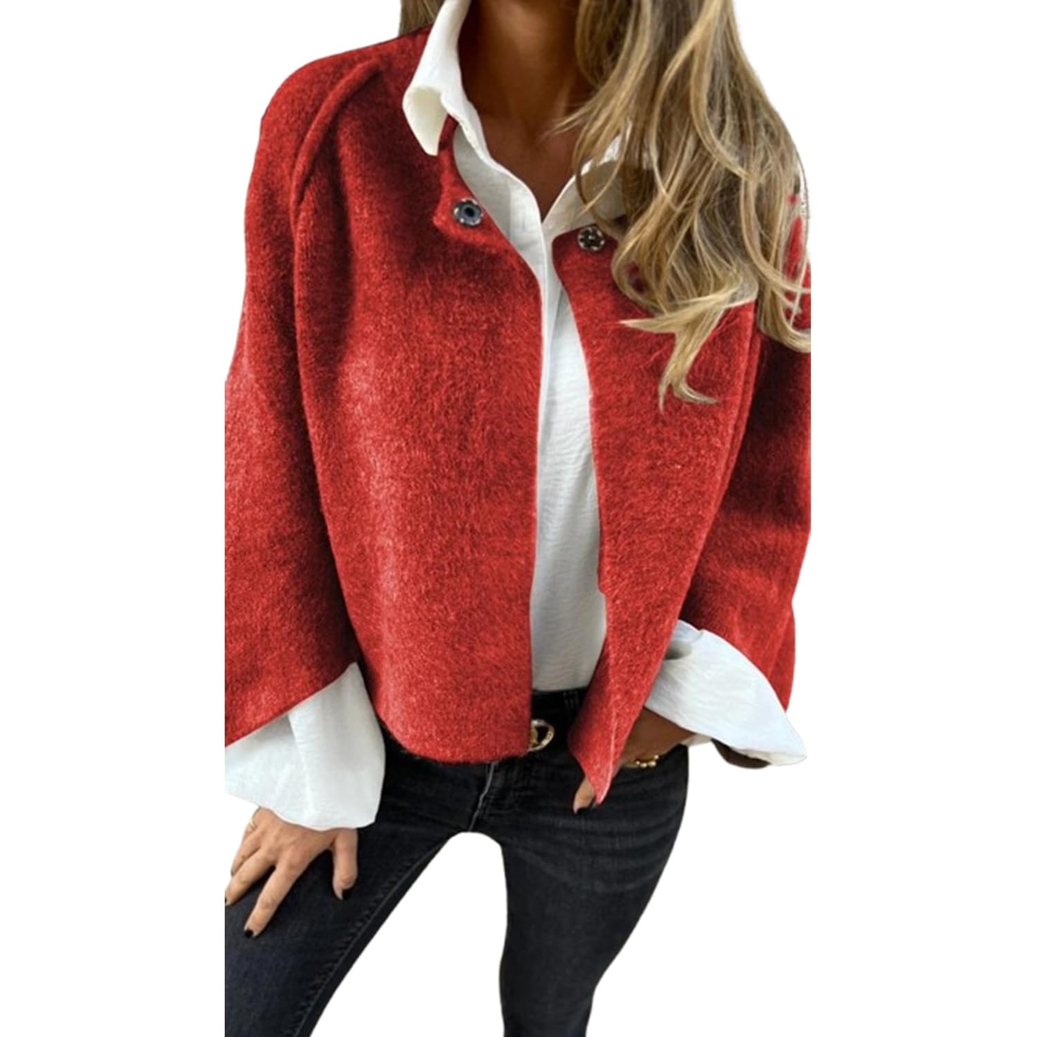 PNZLZIA Women's Round Neck Woolen Long Sleeve Coat, Soft Warm Cashmere Cardigan Jacket, Women Cropped Wool Blend Coat (Large,Brick Red)