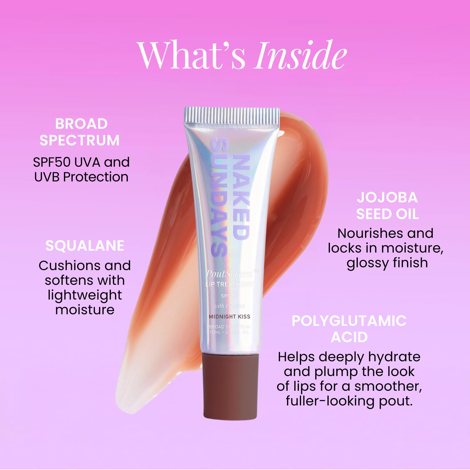 Naked Sundays Poutscreen SPF 50 Lip Treatment – Hydrating Lip Balm with Broad Spectrum, Glossy Non-Sticky Finish, Nourishing Lip Care with Peptides for Protected Lips - 15ml (Midnight Kiss)