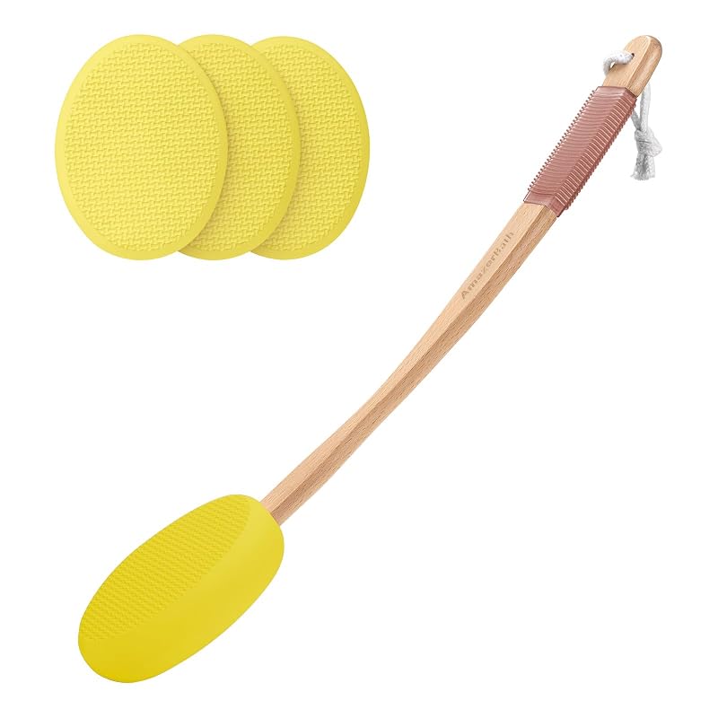 AmazerBath Aplicador de loção com cabo curvo de 43,18 cm e 4 almofadas de reposição, amarelo-limão