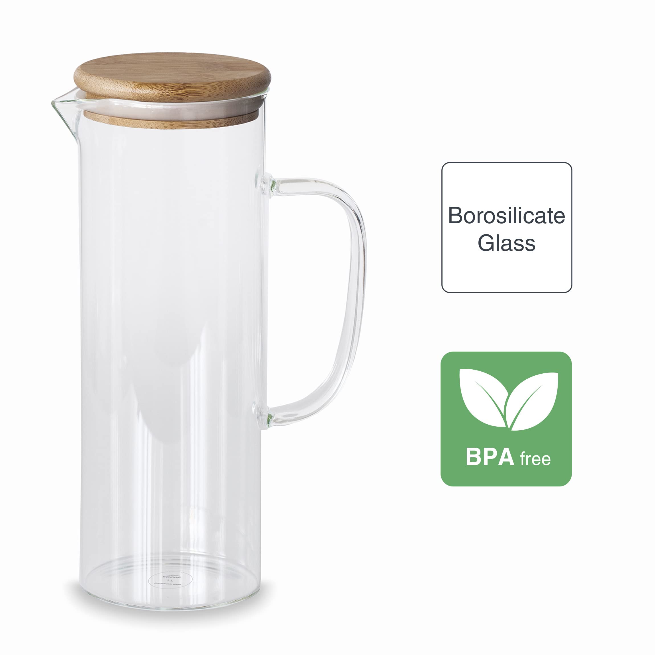 Lacor - 61953 - Brocca d'acqua in vetro borosilicato - Piano in bambù - filtro filtro - Perfetto per limonata, caffè freddo, tè - lavabile in lavastoviglie - 1L.