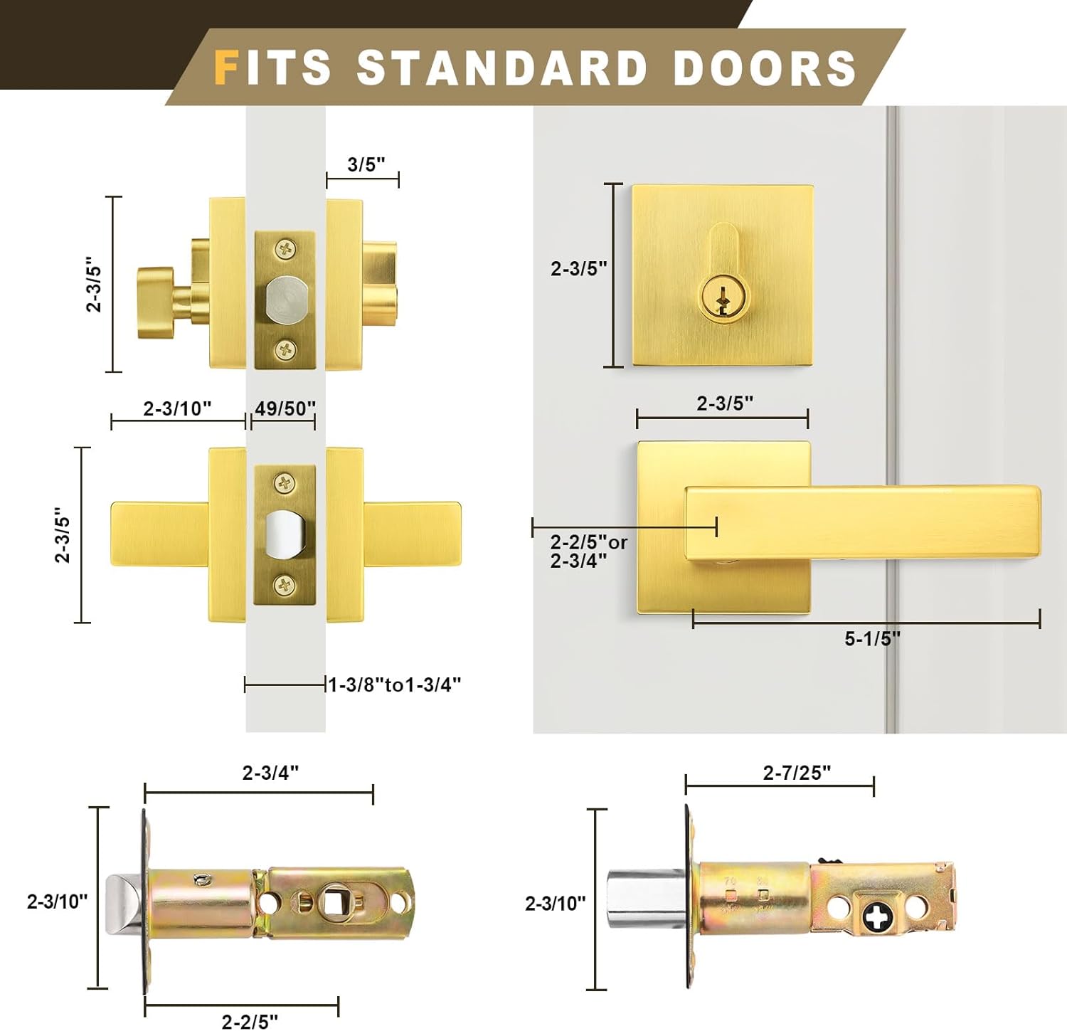 3 Pack Gold Passage Door Handle Sets with Deadbolt, Brass Exterior Door Locksets Square and Single Cylinder Deadbolt, Keyed Alike Heavy Duty Front Door Handleset for Interior/Exterior Doors