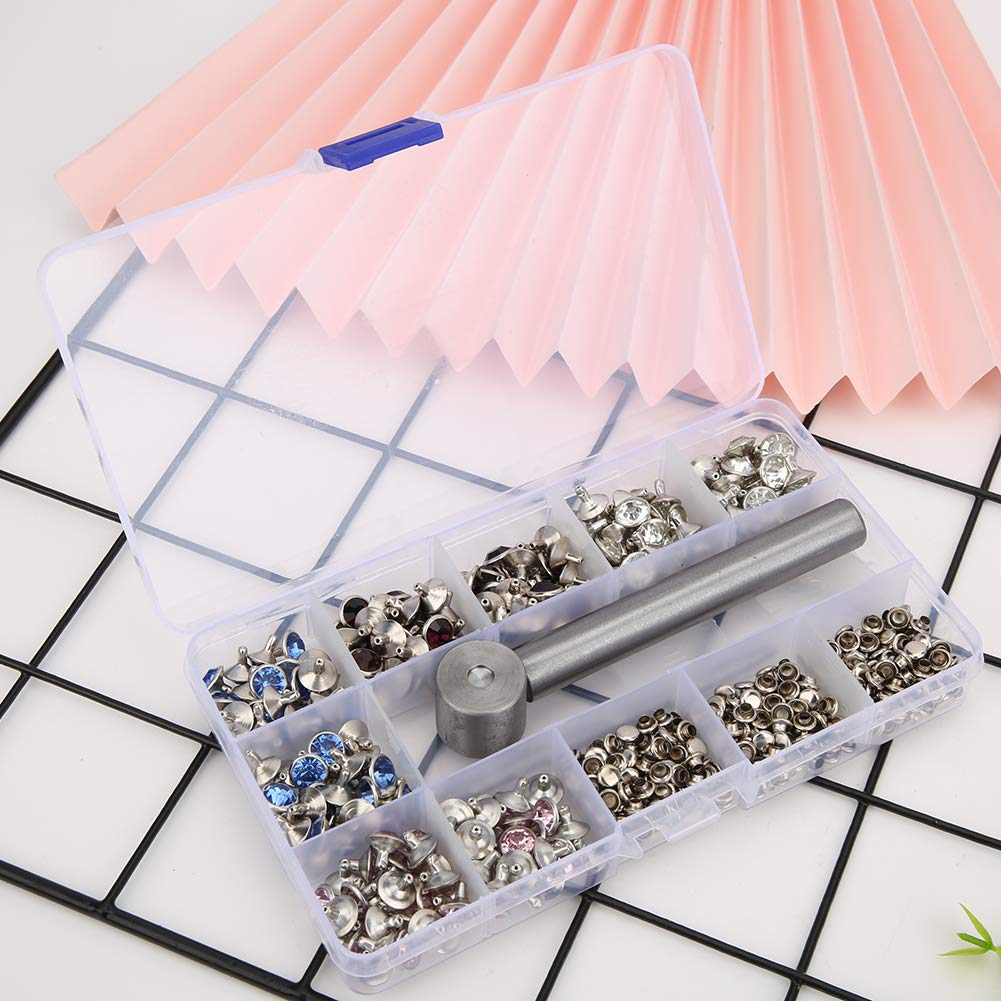 HEEPDD 200 Stück Diamant Nieten Set, 4 Farben Punk Doppelseitige Dekor Kristall Nieten Schnelle Leder Basteln Nieten mit Werkzeugkasten für Ledergürtel Schmuck Schuhe, 10 MM