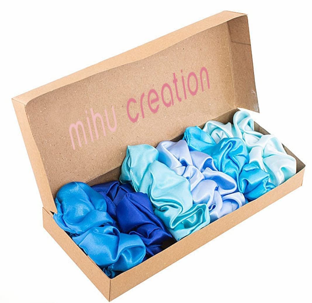 Mihu Creation Hair Scrunchies for Women Girls, Soft Satin Scrunchy Hair Tie Ponytail Holder for All Type Hairs, Rakhi Gift for Sister – Blue Shades (Pack of 6)