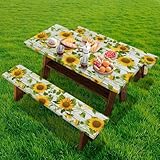 Cugasmaru Fitted Picnic Table Cover with Bench Covers Sunflowert 8ft Outdoor Waterproof Windproof Picnic Tablecloth with Elastic Edges Road Trip Supplies Car Travel Must Haves