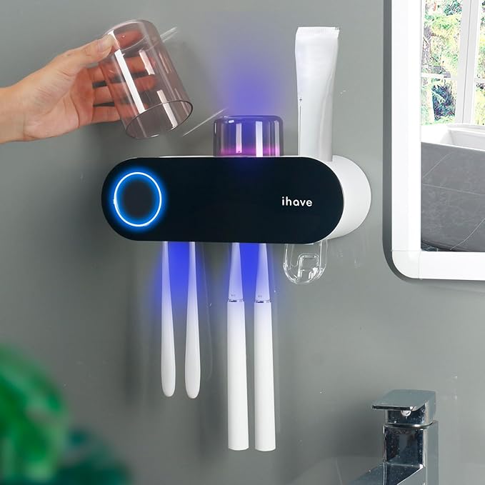 iHave Toothbrush Holders for Bathrooms, UV Toothbrush Sanitizer and Holder Smart Home Bathroom Accessories, 2 Cups Electric Toothbrush Holder Wall Mounted with Toothpaste Dispenser Bathroom Decor