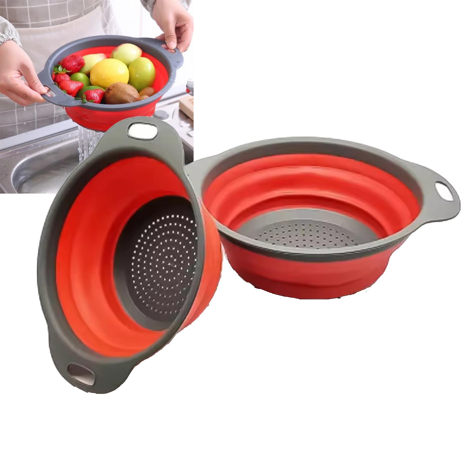 Lot de 2 passoires pliables pour cuisine - Passoire sur évier avec base auto-drainante - Passoire de grande capacité pour pâtes, légumes et fruits - Passe au lave-vaisselle - Design peu encombrant
