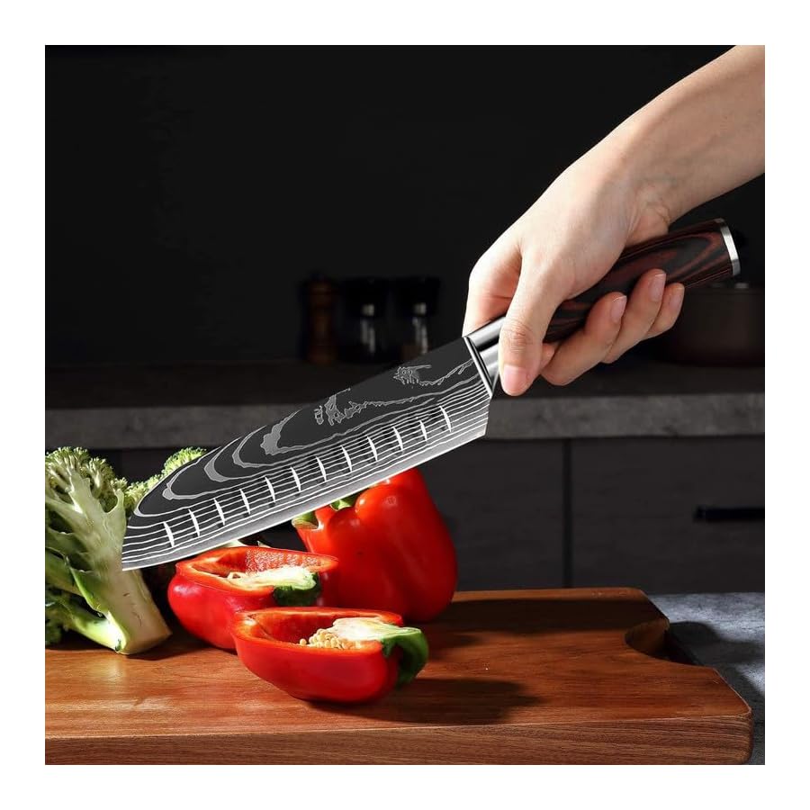KEPEAK 5 Piece Kitchen Knife Set, Chef Knife Santoku Cleaver Paring Knives High Carbon Steel, Pakkawood Handle for Vegetable Meat Fruit