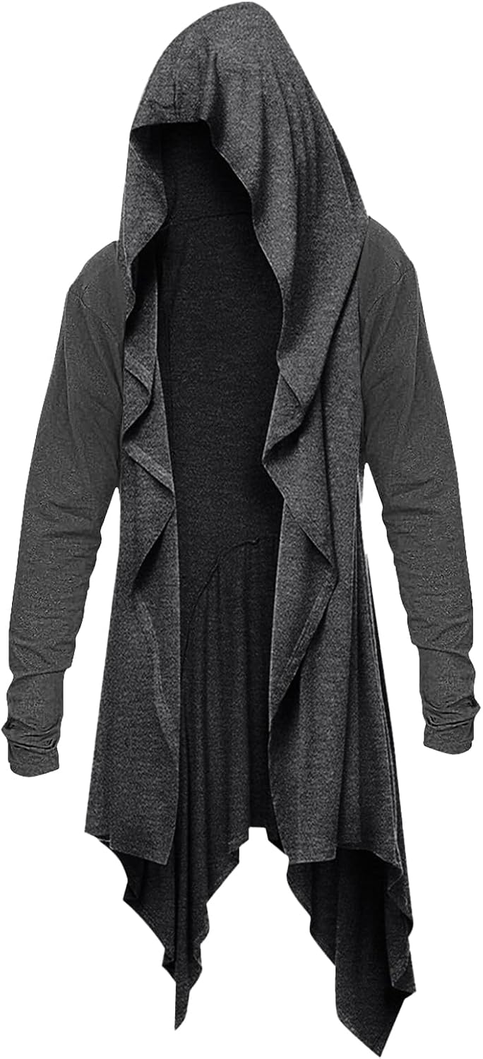 Long Hooded Cardigan Ruffle Shawl Collar Open Front Drape Robe Overcoat