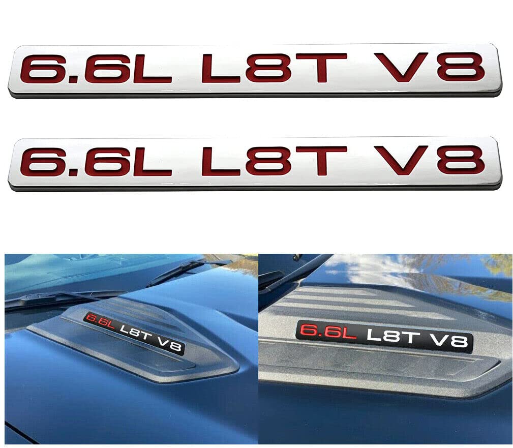 Lot de 2 emblèmes 3D pour capot de moteur à essence L8T V8 L 6,6 L - Autocollant de rechange pour Chevrolet Silverado 2500HD 3500HD 2019-2022 (rouge chromé) (6,6 L #2)