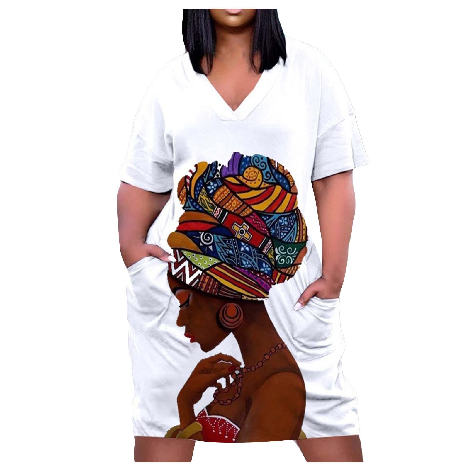 SwrowesiWomen's Casual Printing Loose Longline Dress Short Sleeve V Neck Party Club Night Dresses with Pocket