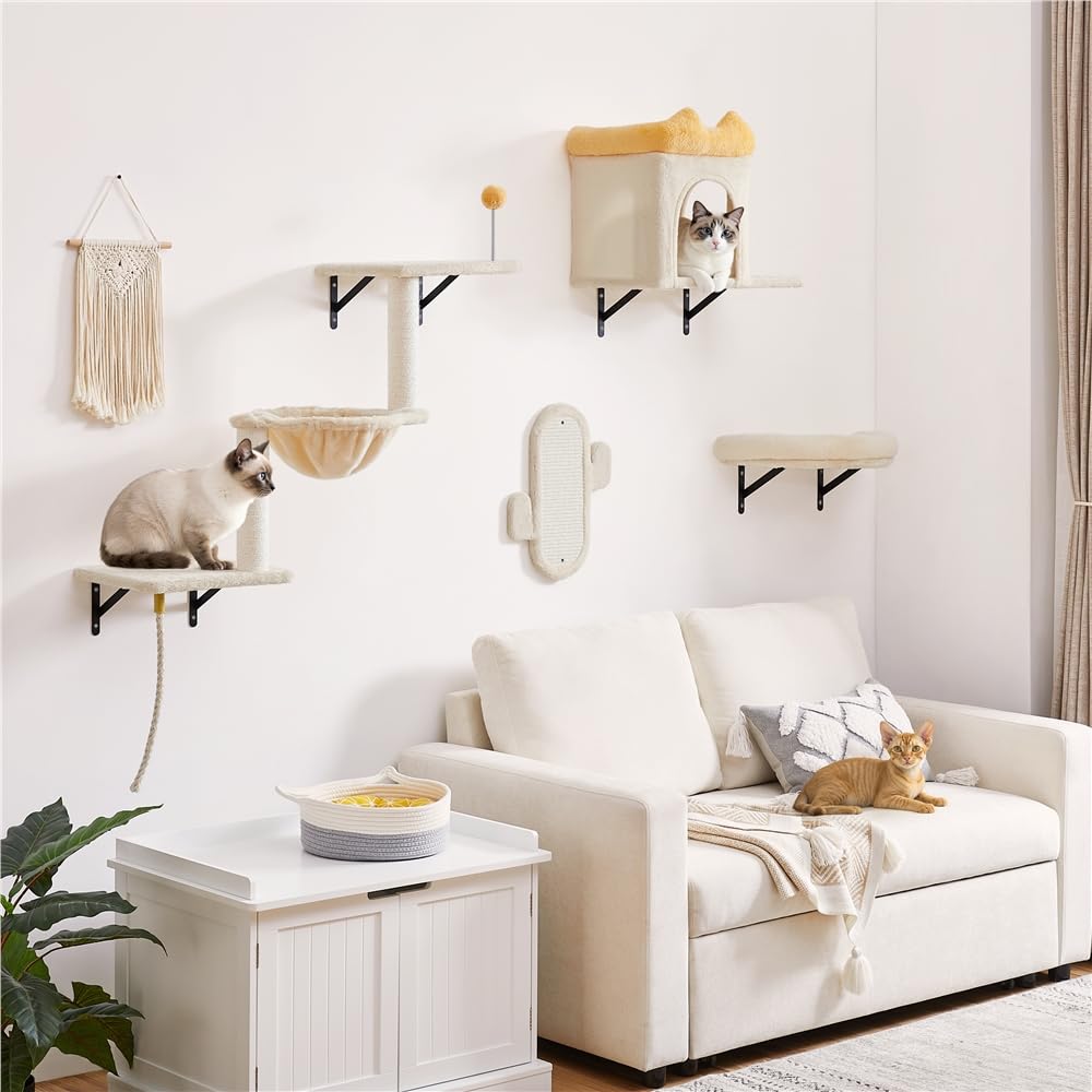 Yaheetech Estante de Escalada para Gatos 4 en 1 Mueble de Pared Beige | Fácil montaje, Ahorra espacio,Duradero,Poste sisal resistente,multifuncional,Bola colgante sustituible, Felpa suave
