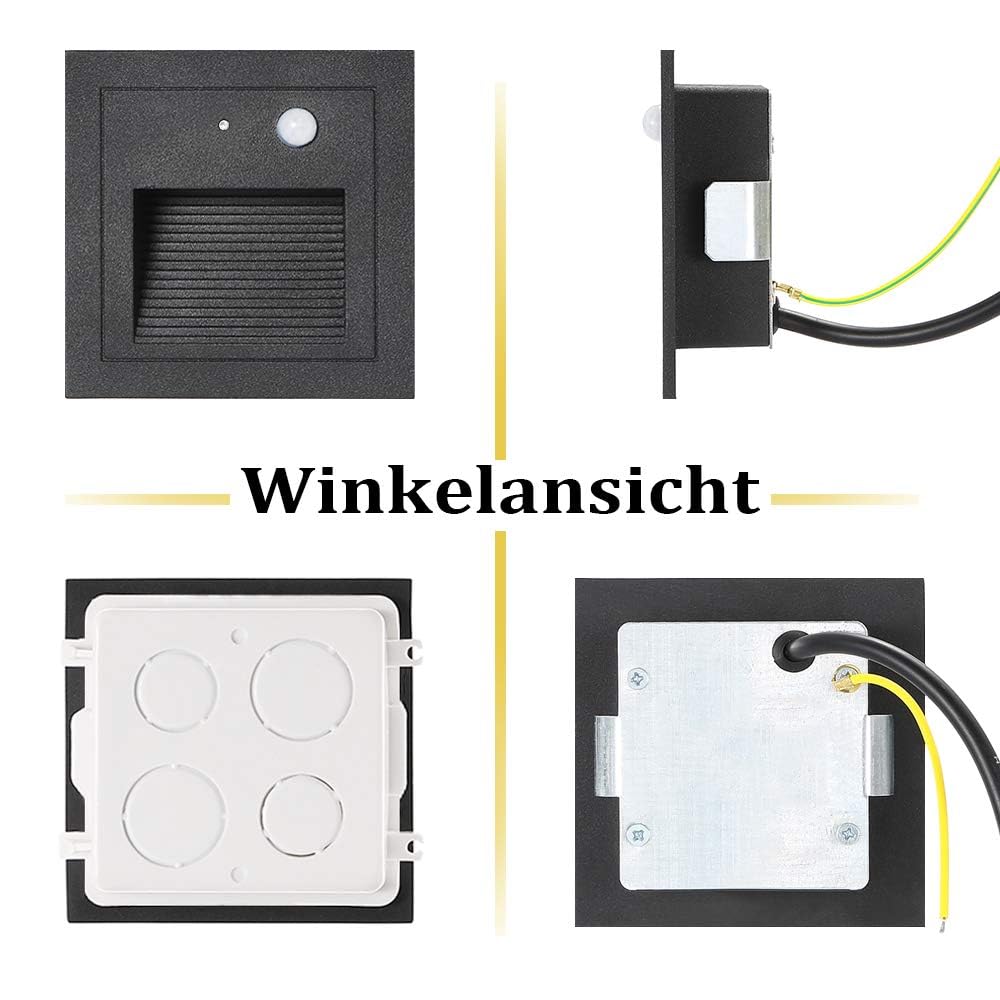 Oświetlenie schodów LED, 4 sztuki, do wbudowania w ścianę, aluminium, 3 W, 230 V, ciepła biel, oświetlenie schodów, oświetlenie zewnętrzne z czujnikiem ruchu, lampa ścienna, oświetlenie