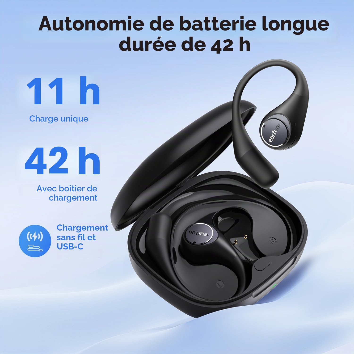 EarFun OpenJump Écouteurs sans Fil, Crochets d’Oreille Réglables | Hi-Res Audio, LDAC, 42 H d'autonomie, Recharge Sans Fil, IPX7, Appels Clairs avec IA, Mode Jeu, Connexion Multipoint, Noir