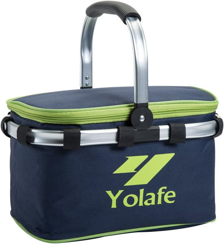 Yolafe Insulated Picnic Basket, Navy Blue Collapsible Picnic Tote, Impermeable Waterproof Lunch Bags, 10L / 80 lbs Portable Shopping Tote (1 Piece)