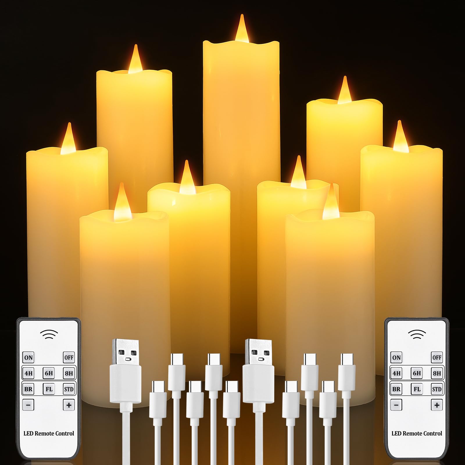 Candele ricaricabili senza fiamma con telecomando e timer, confezione da 9 candele LED tremolanti USB rivestite con vera cera per Halloween, Natale, casa, matrimoni e festività (sei