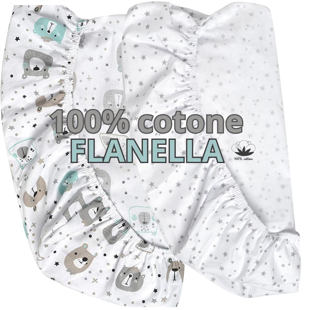Flyideas Set Lenzuola con Angoli Flanella 100% Caldo Cotone Morbido Lenzuolo Invernale per Culla Fianco Letto Neonato (2 Lenzuola, 120x60 cm)