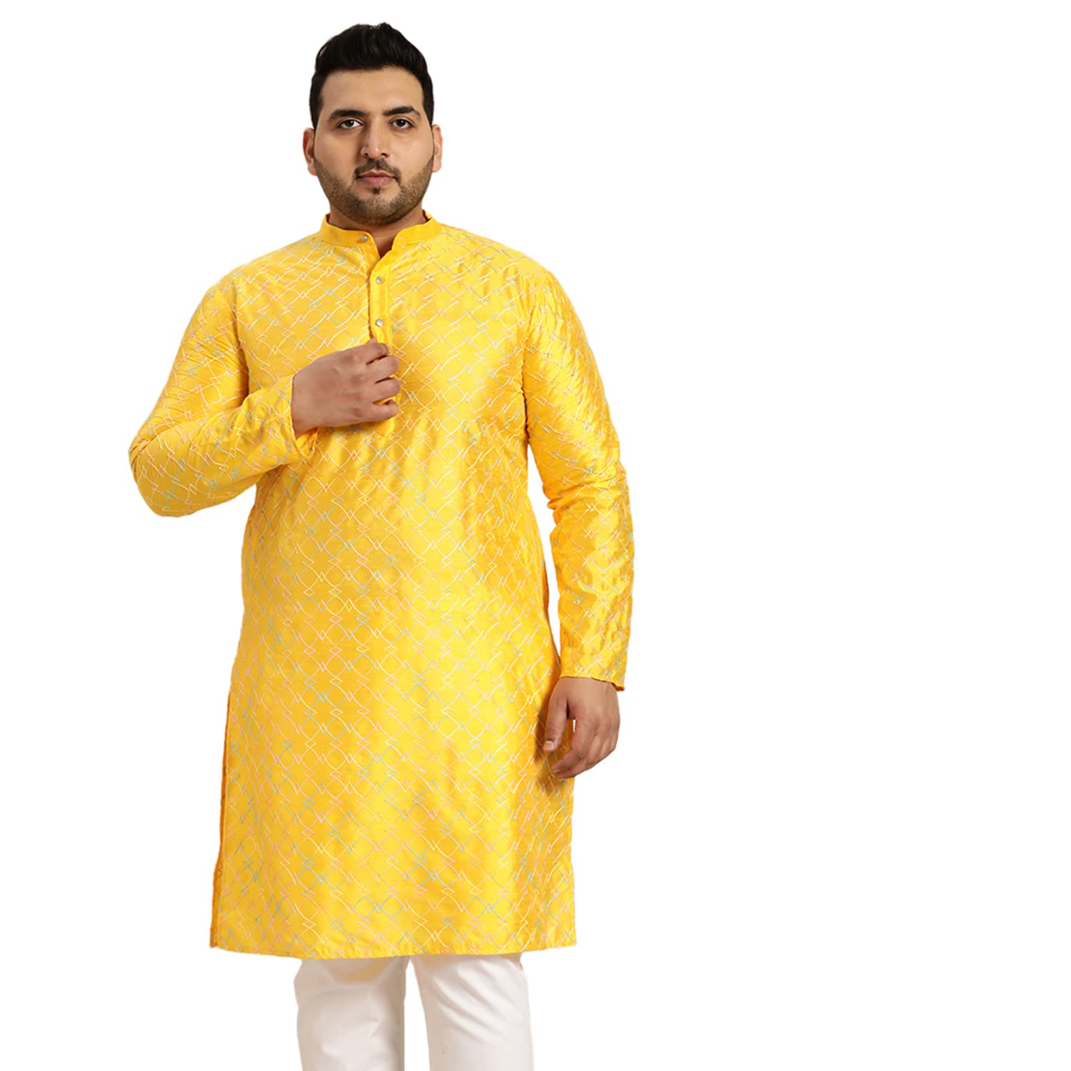 Sojanya Plus (Since 1958) Men's Mustard Silk Blend Long Kurta With Multi Color Embroidery