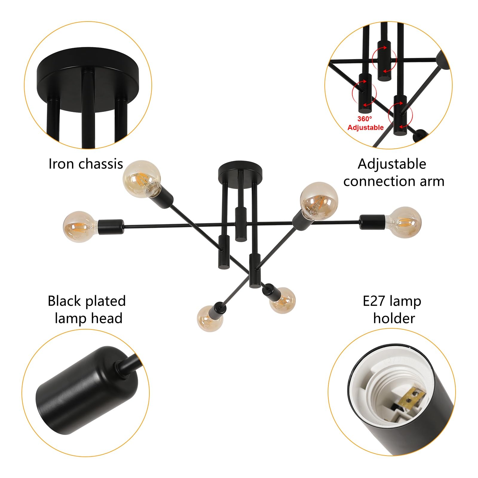 Comely Lampadario Sputnik Nero, 6 Luci Plafoniera Soffitto E27, Lampada da Soffitto in Ferro Vintage per Camera da Letto Sala da Pranzo Cucina, Angolo Regolabile
