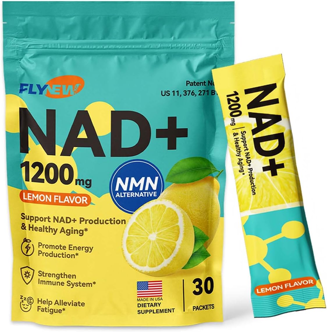NAD Supplement, NAD Supplement w/ PQQ, HA, VC, VE, NAD+ Supplements Support Healthy Aging, Stamina, Cellular Health & Energy for Women Men, Liposomal ≥50% Absorption , Non-GMO, 30 Packs, Lemon Flavor