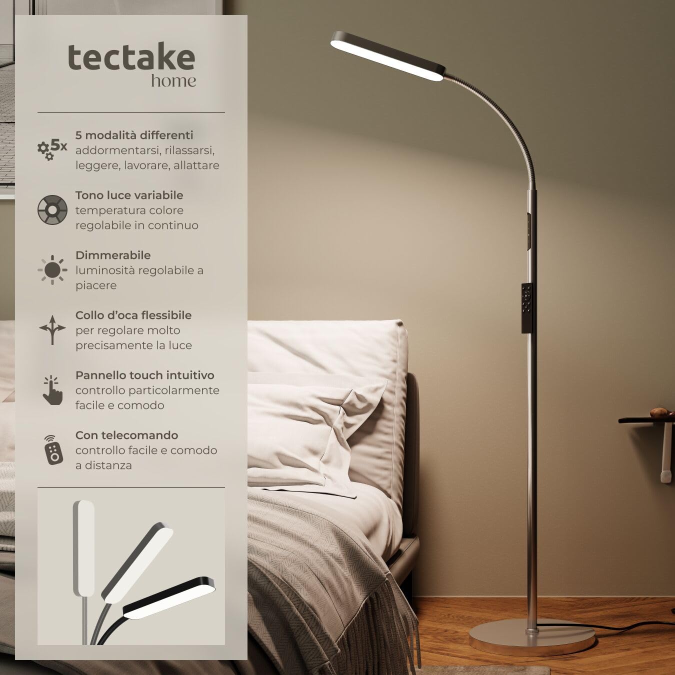 tectake® Lampada da Terra LED 12W, Piantana LED con Luce da Lettura Integrata, Arco Flessibile, Dimmerabile, Temperatura Colore Regolabile, Pannello Touch, Telecomando Magnetico - Argento