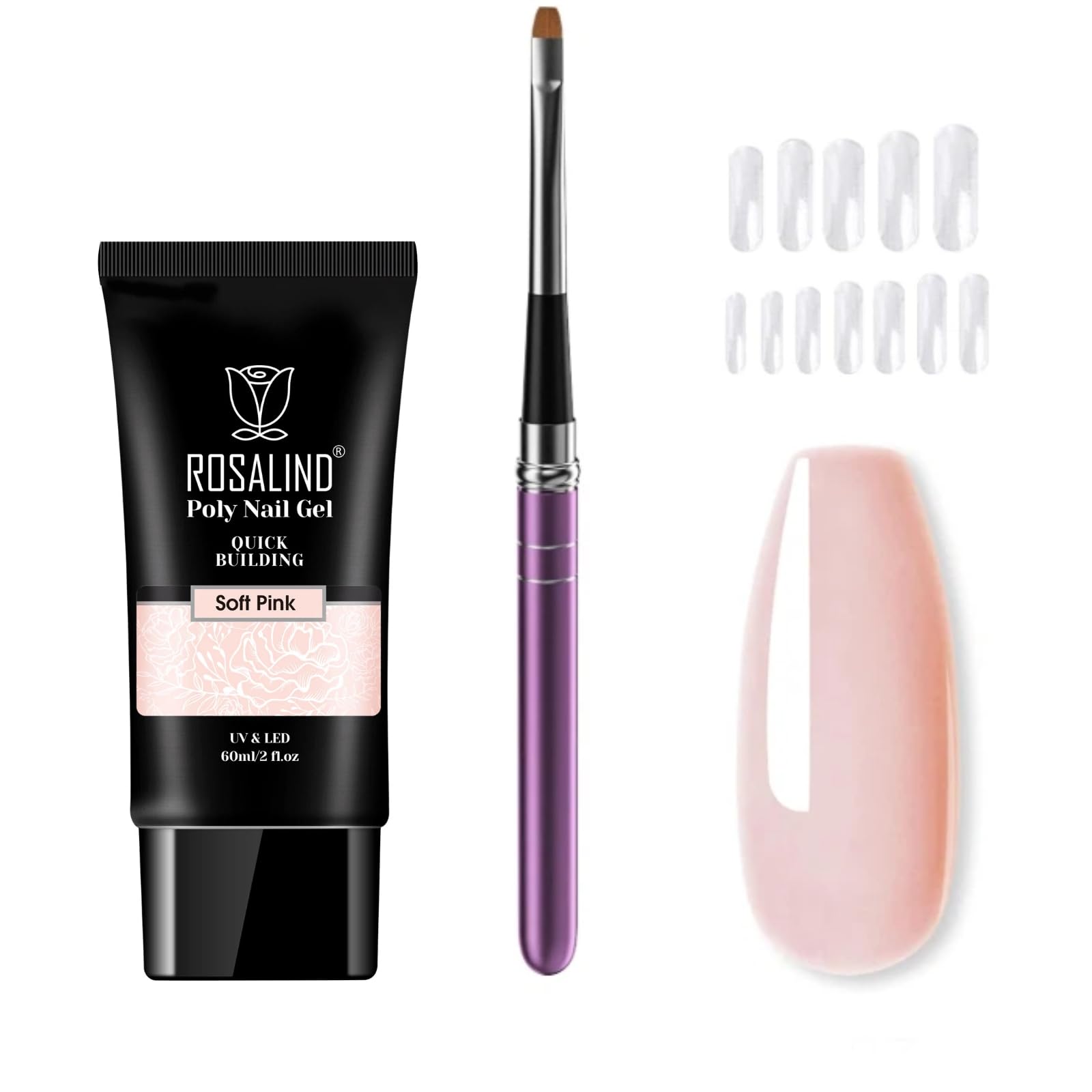 ROSALIND Set Ricostruzione Unghie Gel, 60ml Rosa Acrigel per Unghie Poly Nail Gel con Pennello e Unghie Finte per Principianti e Professionisti