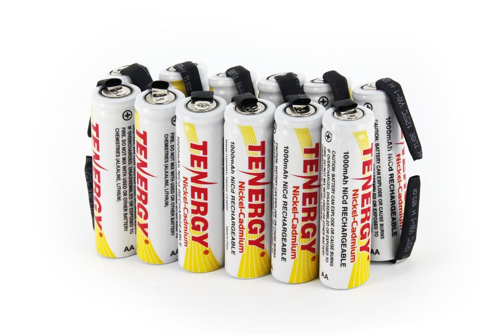 Combo: 12pcs of Tenergy AA 1000mAh NiCD Rechargeable Batteries Flat Top with Tabs