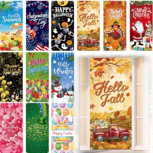 Preboun 12 Pcs Seasonal Door Cover Hello Summer Decoration for Front Door 78 x 35 Inches 4th of July House Decoration Large Photography Background Banner Holiday Party Decorations