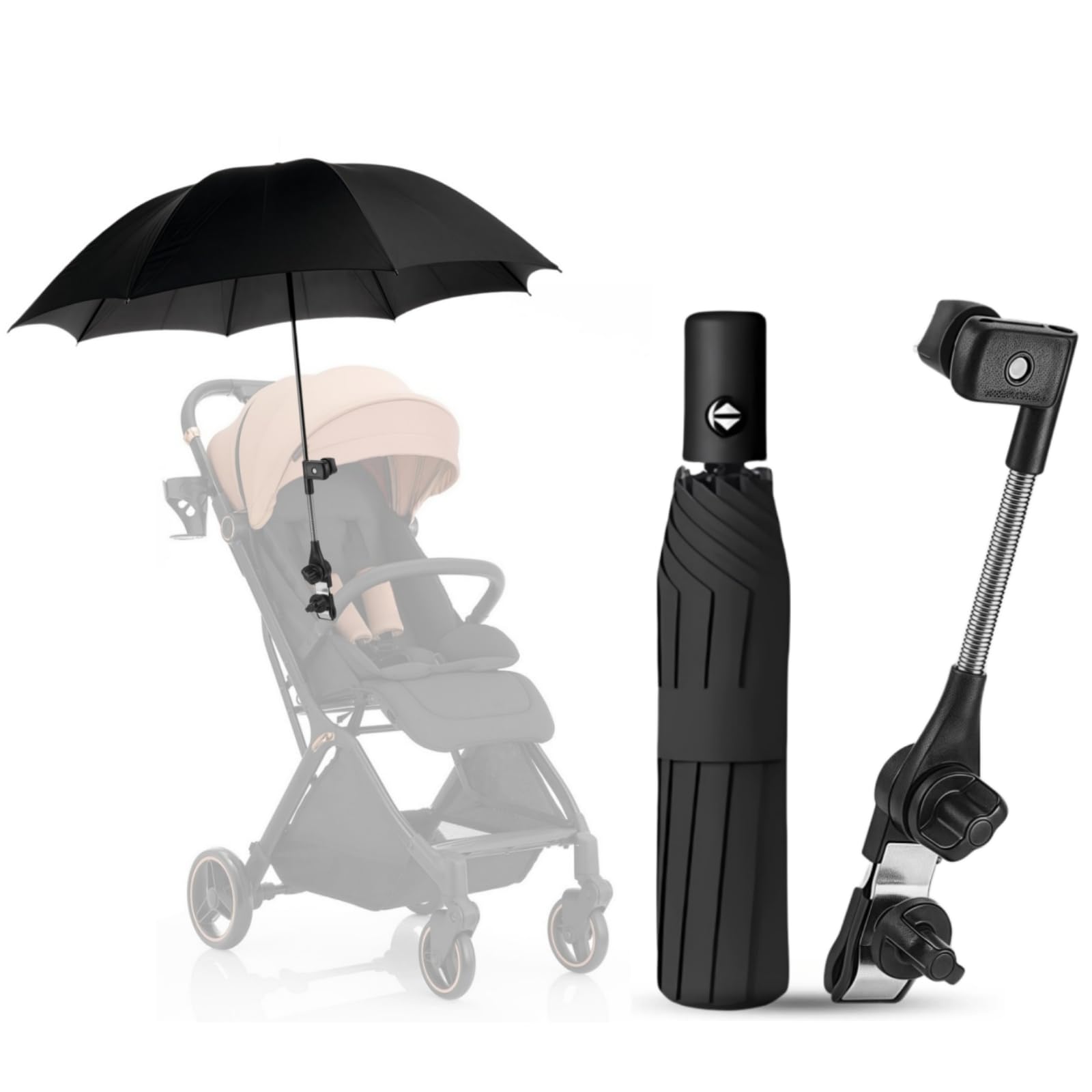 pram Parasol,pram Umbrella with 50+ UV Protection,Pushchair Parasol Equipped with a Multi-Functional Stand,Fully Automatic Umbrella,Suitable for Various Types of Baby Strollers (Black-B)