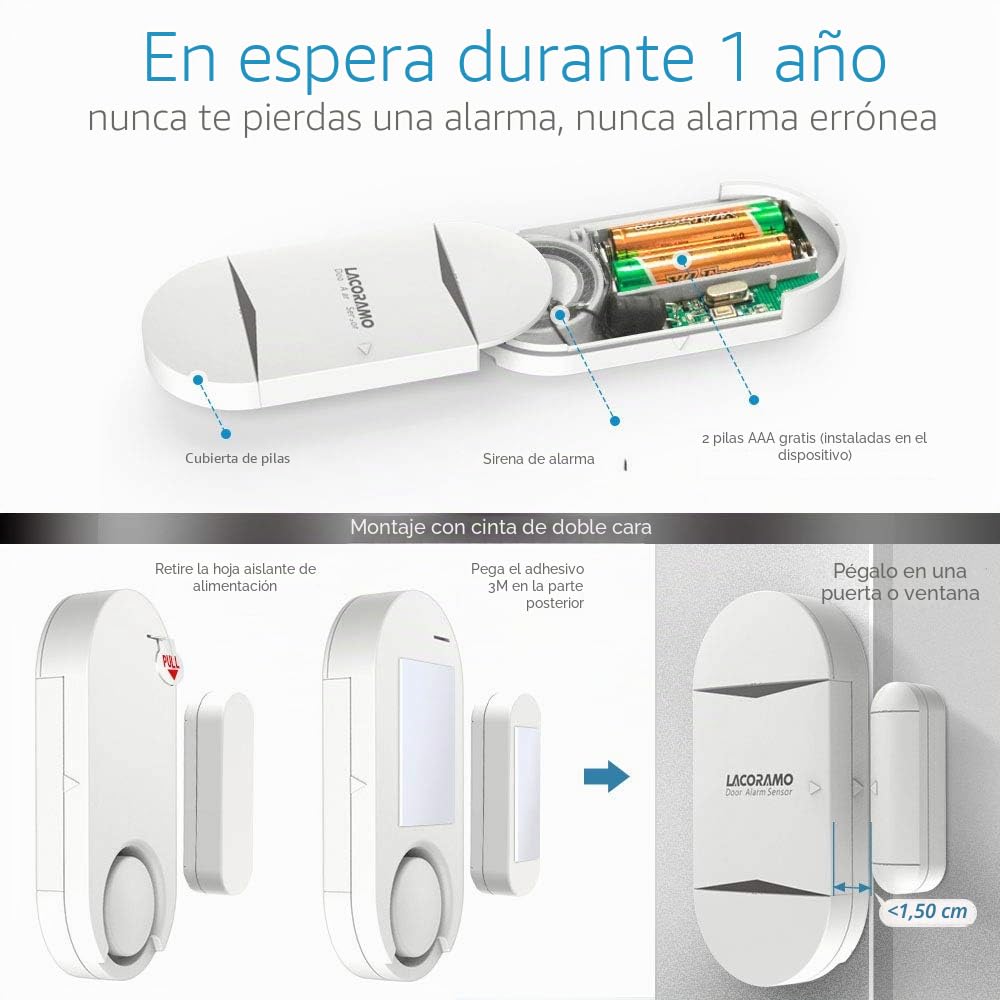 130db Sensor de Alarma para Puertas y Ventanas con 2 Controle Remoto Campana de Apertura de Contacto magnético inalámbrico para niños,hogar,refrigerador,Tienda(1 Alarma 2 Controles