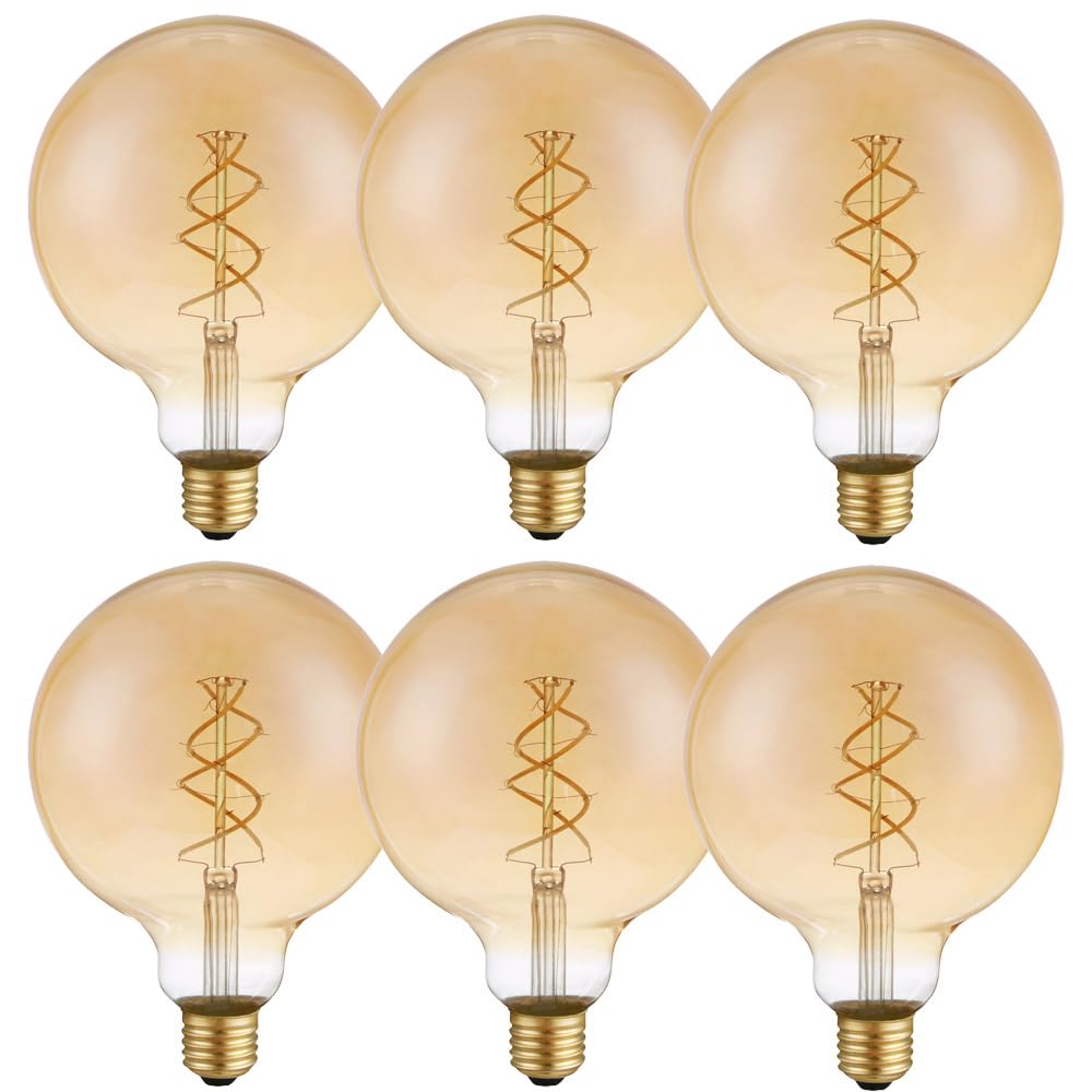 NCC-Licht 6 x LED Spiral Filament Globe G125 5W E27 extra warmweiß 1800K DIMMBAR, Ersatz für 21W Glühbirne