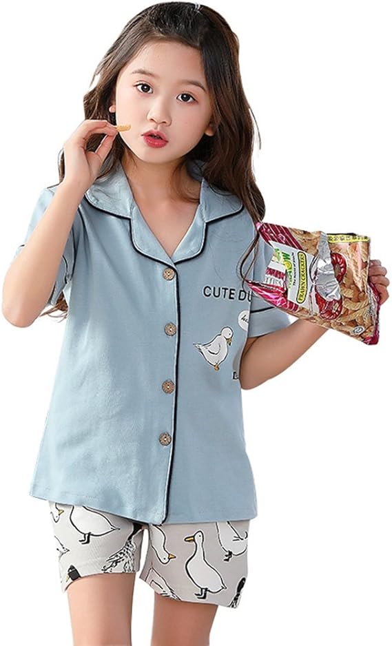 Amazon Wxik キッズパジャマ 女の子 男の子 100 170cm 春夏 上下セット 前開き 半袖半ズボン 可愛い 薄手 快適 柔らかい ネグリジェ ルームウェア ナイトウェア 部屋着 寝間着 3歳以上 ガールズ パジャマ キッズ 子供用 綿 パジャマ 通販