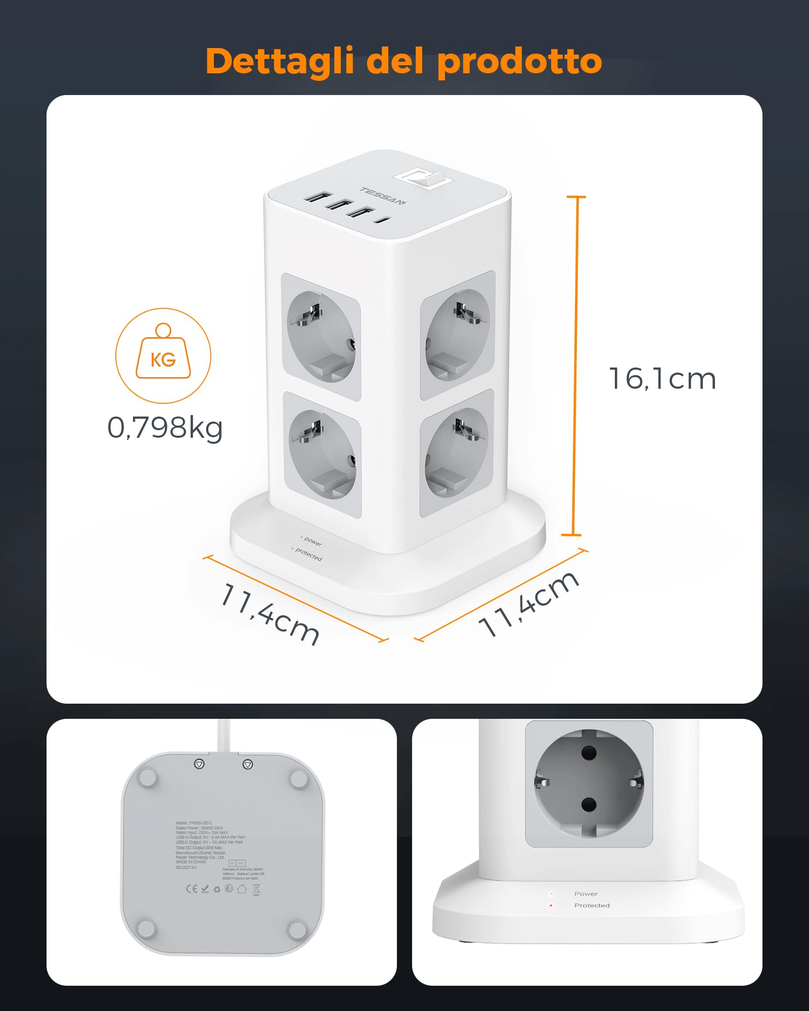 TESSAN Ciabatta Multipresa con 4 USB, Multi presa Elettrica 10 Metri, Presa Protezione Sovratensione con Interruttore